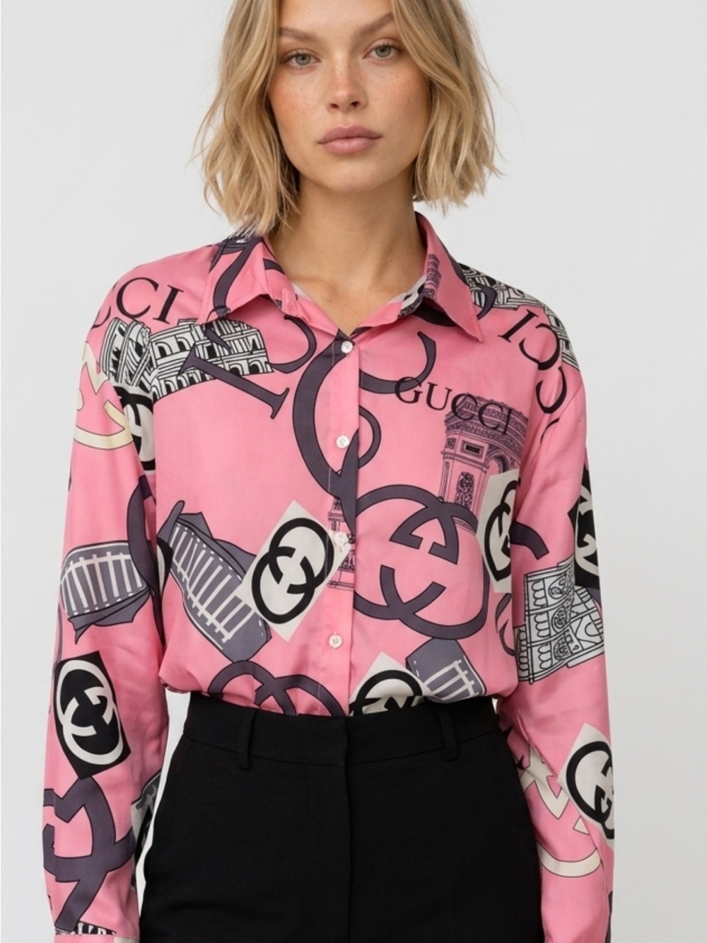 Gucci Pink Logo & Architectural Print Silk Button-Down Shirt